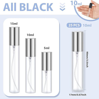 Yinder 25 Pcs 10ml Travel Spray Bottle Refillable Perfume Atomizer Bulk Glass Mini Cologne Perfume Bottles Empty Fine Mist Portable Small Sample Containers(Silver)