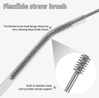 Silicone Straw Cleaner Brush, 4Pcs Reusable Straw Brush Set with Extra-Long Design for Cleaning Thin Metal Straws and Wider Milkshake Straws （6mm+9mm Gray)