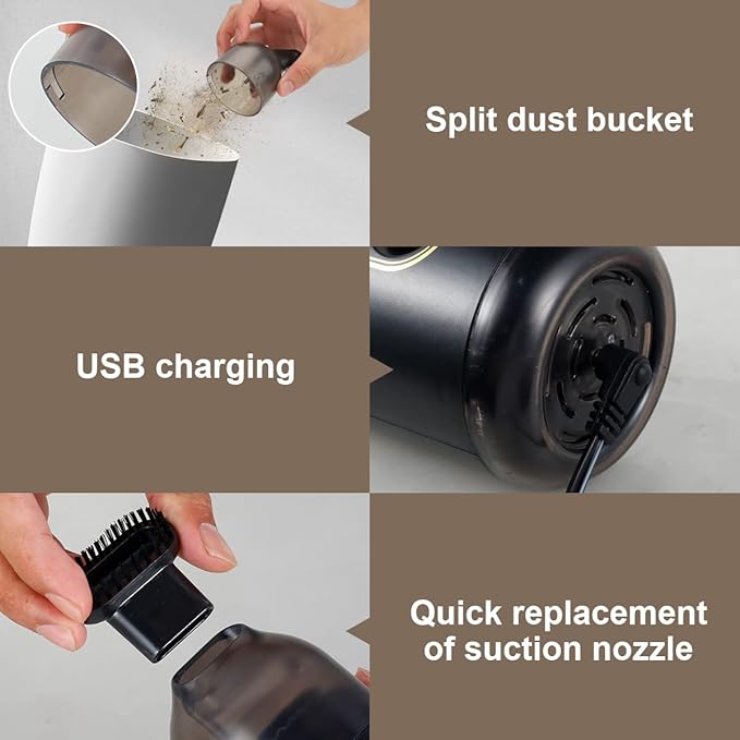 Powerful Suction 2200 pa Desktop Vacuum Cleaner, Desktop Mini Handheld Vaccum, USB Rechargeable Mini Dust Sweeper, with Brush Handheld Cordless Silent Portable Dust Cleaner for Office Car (Black)