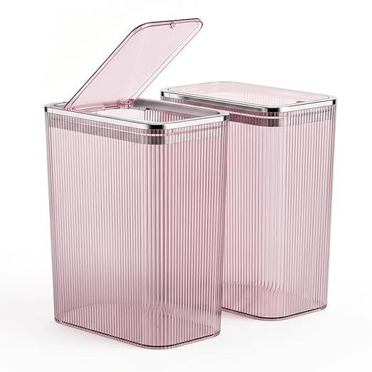 2-Pack Bathroom Trash Can with Lid – 2.6 Gallon / 10L Clear Waste Basket with Pop-Up Lid & Bag Ring – Slim Plastic Garbage Can for Bathroom, Bedroom, Office – Colorful Small Trash Can, Purple Pink