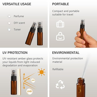 Elfenstall- 20pcs Amber 5ml 1/6oz Atomizer Vial Glass Bottle Spray Refillable Perfume Empty Fine Mist Sample Bottle Clean Cloth Free 3ML Pipette for Travel Party