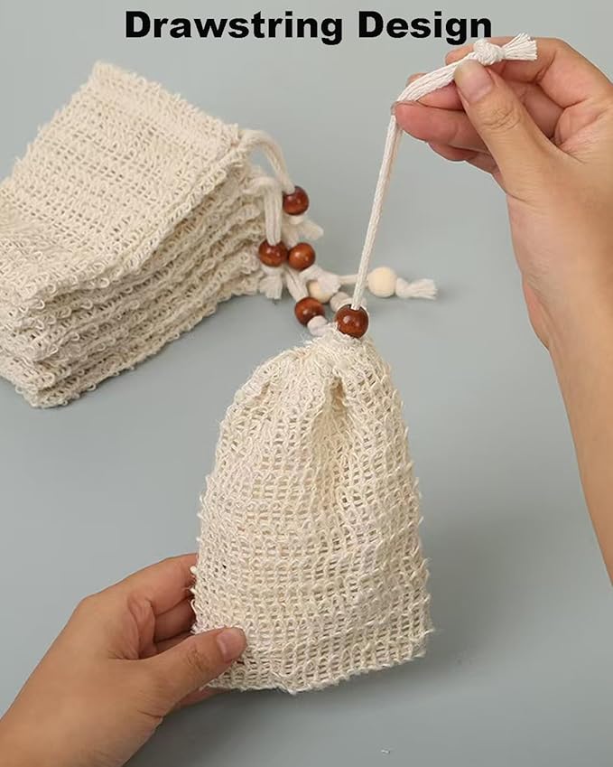 16 Pack Soap Bags for Soap Bars-Natural Sisal Soap Bag,Bar Soap Pouch with Drawstring, Exfoliating Soap Saver Bags mesh soap Bag with Wooden Beads Foaming and Drying Soap Holder for Bath Shower