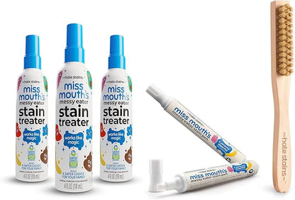 Miss Mouth's Stain Removal Kit - 3-Pack Messy Eater Spray 4oz, Portable Treater Pens & Laundry Brush - Travel Spot Cleaner for Clothes, 6-Piece Set