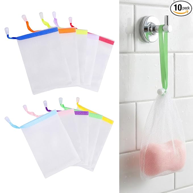 Styquenzer 10 PCS Exfoliating Mesh Soap Pouches, Soft Soaps Saver Bags with Drawstring, Gentle Foam Net Pouch for Bath Shower Spa, Handmade Soap Holder Sack for Body Face Cleansing (Color Random)