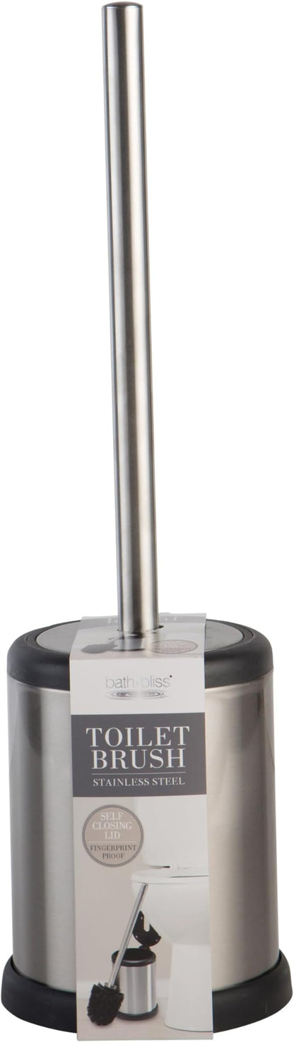 Bath Bliss Toilet Brush and Holder | Self Closing Lid | 360 Degree Brush Head | Bathroom Cleaning | Compact Size | Storage and Organization | Stainless Steel