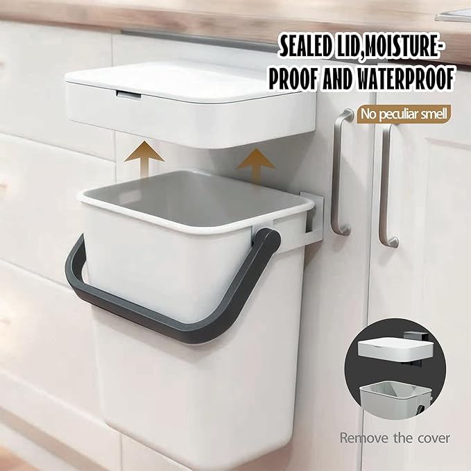Compost Bin Kitchen, for use on Countertops or Under Sinks, Hanging Trash Can with Lid, Mountable Indoor Compost Bucket, for Cupboard/Bathroom/Bedroom/Office/Camping (White 0.8 Gallon/3L)