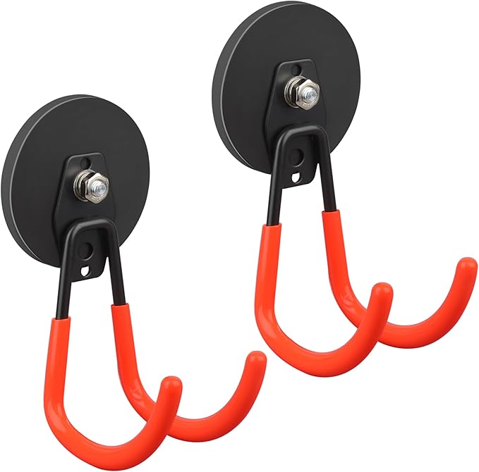 ULIBERMAGNET Strong Magnetic Hooks,2 Pack Heavy Duty Large Magnetic Hooks for Extension Cord, Cable, Hose, Power Cord,Rope,Drill,Jig Saw,Circular Saw,Garden Lawn Tools (Orange/3.46inch)