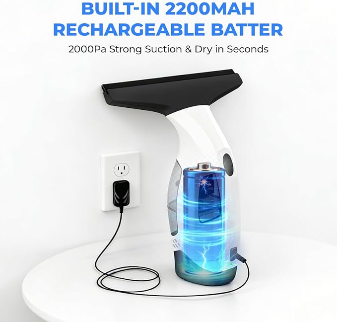 Cordless Window Vacuum Squeegee, Electric Window Cleaner Squeegee with 2000Pa Suction, 280mm Wide Blade, 150ml Tank for Shower Glass, Mirrors, Tiles & Car Windows