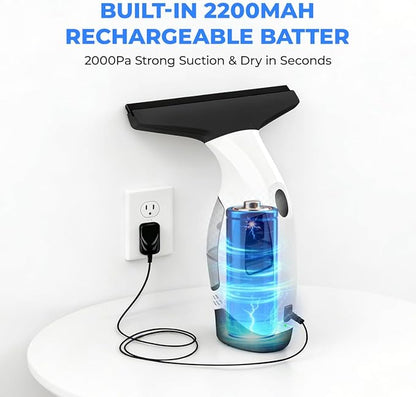 Cordless Window Vacuum Squeegee, Electric Window Cleaner Squeegee with 2000Pa Suction, 280mm Wide Blade, 150ml Tank for Shower Glass, Mirrors, Tiles & Car Windows