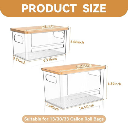 Trash Bag Holder Dispenser 2 Pack, Garbage Bag Dispenser with Bamboo Lid & Handles, Stackable Clear Trash Bag Organizer Under Sink for Kitchen, Pantry, Laundry Room, Cabinet (XL+S)