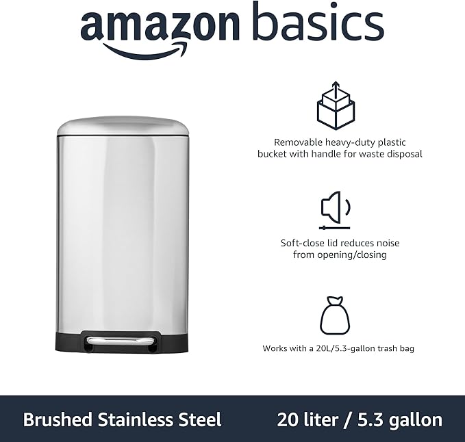 Amazon Basics Rectangular Small Trash Can with Soft-Close Step Pedal, Removable Inner Bucket, Hands-Free, Space-Saving, Smudge Resistant, 20l / 5.3 gallon, Nickel