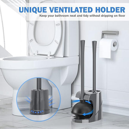 Toilet Plunger and Brush, Bowl Brush and Heavy Duty Toilet Plunger Set with Ventilated Holder, 2-in-1 Bathroom Cleaning Combo with Modern Caddy Stand for 5.7-inch Toilet Drain(Grey, 2 Set)