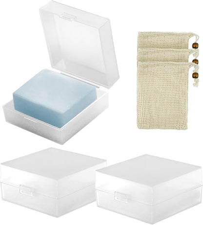 3 PCS Travel Soap Case for DR. Squatch Soap, Travel Soap Container Holder Dish with Draining Pad, Portable Bar Soap Travel Case with Soap Saver Bag for Bathroom Gym Camping Outdoor (Matte Clear)