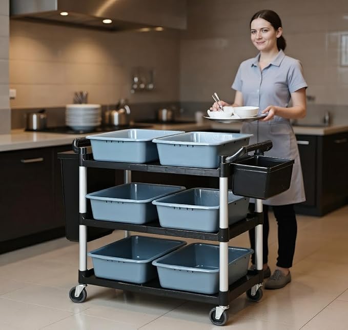 Storage Cart 3 Tier Heavy Duty Commercial Grade Utility Cart,Dish Cart for Restaurant,Multi-Function Mobile Shelving Unit Organizer for Hotel,Restaurant,Kitchen,Laundry Room with 6 Basin 2 Barrels