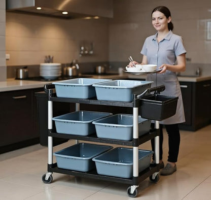 Storage Cart 3 Tier Heavy Duty Commercial Grade Utility Cart,Dish Cart for Restaurant,Multi-Function Mobile Shelving Unit Organizer for Hotel,Restaurant,Kitchen,Laundry Room with 6 Basin 2 Barrels
