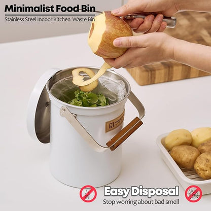 WAGENSTEIGER Kitchen Countertop Compost Bin 101ounces / 3Liters, Airtight Lid SUS304 Stainless Steel Odor-Free Food Waste Bin with Wooden Handle Stylish Design/Bathroom Trash Can (White)