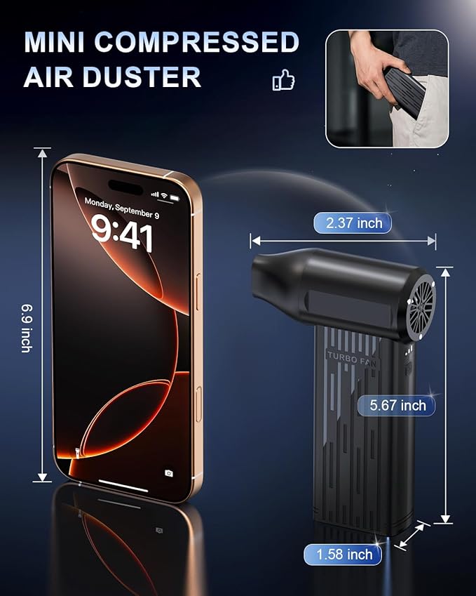 Rechargeable Compressed Air Duster, Min Blower Jet Turbo Fan, 200,000RPM 3-Gear Adjustable,Car Dryer Air Blower Cleaning,Air Cleaner for Computer,Cordless Leaf Blower Multi-Use