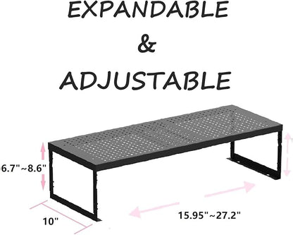 Stackable Expandable Metal Shelf Organizer - Adjustable Wire Storage Rack with Holes for Kitchen, Bathroom, Cabinet, Office - Space Saving, Durable & Sturdy Design（3PACKS/Large/Black