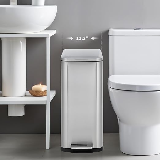 13-Gallon Kitchen Trash Can, 50-Liter Slim Stainless Steel Pedal Trash Bin, Pedal Trash Can with Soft-Close Lid, Fingerprint-Resistant, with Removable Inner Bucket, Suitable for Small Spaces,Bathroom