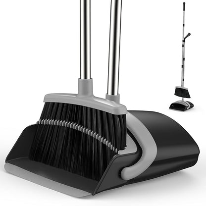 Broom and Dustpan Set for Home, 51-in Long Adjustable Handle Angle Broom and Dustpan Combo Set with Dust Pan Teeth to Clean Hair for Home Kitchen Office Lobby Floor Garden (Black&Grey)