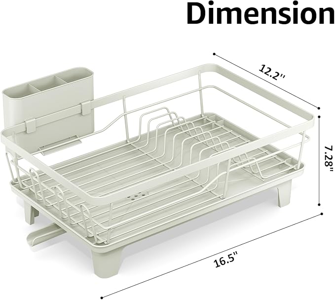 Urackify Dish Drying Rack for Kitchen Counter, Sink Dish Rack with Drainboard, Large Dish Drainer with Cups Holder, Home Countertop Plate Dryer Storage Rack with Cutlery Holder, Soft Celery Green