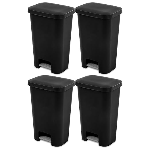 Sterilite 11.9 Gallon Rectangular Step On Kitchen Plastic Indoor Wastebasket with Wide Opening Lid and Comfort Handle for Home, Black (4 Pack)