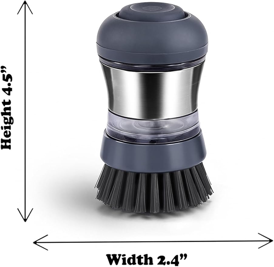 Stainless Steel Soap Dispensing Palm Brush for Pans & General Kitchen Dish Scrub | Grey Bristles | Dishwasher Safe