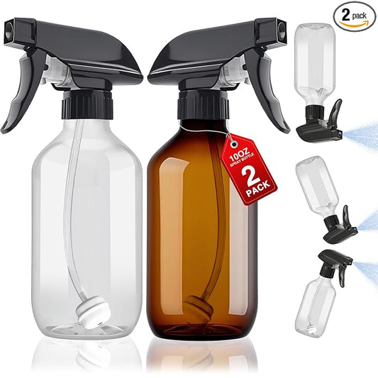 2 Packs Plastic Spray Bottles 360°Water Spray Bottle for Cleaning - 10 oz/300 ml Upside Down Spray Bottle Small Squirt Bottle with Adjustable Nozzle for Hair, Cooking, Plant, Pet (Clear + Brown)