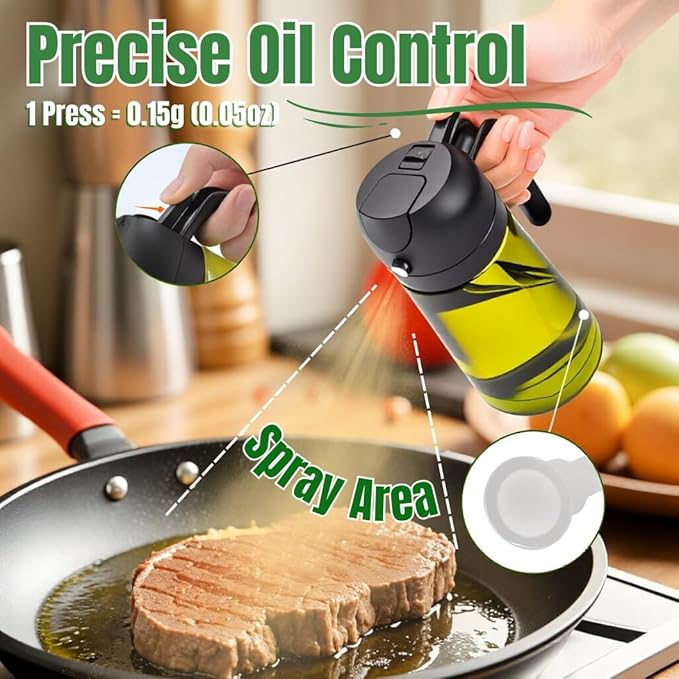 Oil Sprayer for Cooking, 2-in-1 Olive Oil Sprayer and Dispenser, 16oz Fine Mist Oil Mister (2pcs), Grilling Spray Bottle, Dark Glass Light-Blocking Spray Bottle for Air Fryer, BBQ, Baking, Salad
