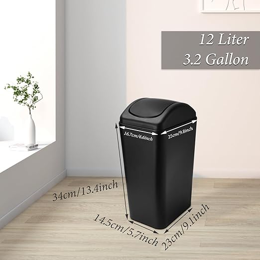 ABuff Small Lidded Trash Can, 12 Liter/3 Gallon Black Plastic Garbage Bin with Lid for Office, Bedroom, Bathroom