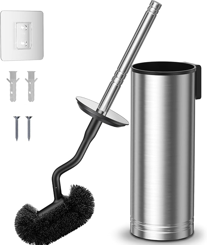 HAMITOR Toilet Brush and Holder Set: 304 Stainless Steel Heavy Duty Deep Cleaning Bowl Cleaner Brush with Curved Bristle - Space Saving Wall-Mounted for Home Apartment Bathroom Accessories Silver
