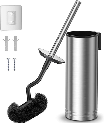 HAMITOR Toilet Brush and Holder Set: 304 Stainless Steel Heavy Duty Deep Cleaning Bowl Cleaner Brush with Curved Bristle - Space Saving Wall-Mounted for Home Apartment Bathroom Accessories Silver