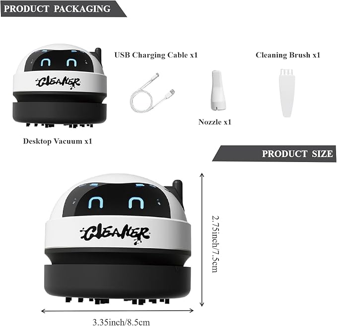 Desktop Vacuum Cleaner, Robot Design USB Rechargeable Cordless Mini Vacuum with 3-Speed Adjustment, LED Display & Detachable Nozzle for Home, Office, Car, Keyboard and Desk Cleaning,Black
