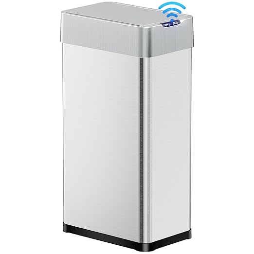 TLSUNNY 13.2 Gallon Automatic Trash Can, Stainless Steel Motion Sensor Garbage bin, Smart Trash Can W/Butterfly Lid, Bag Retainer Ring and Display Light for Living Room,Kitchen,Office (Silver, 50L)