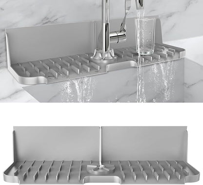 17” x 5.5” Silicone Faucet Handle Drip Catcher Tray Mat, Silicone Faucet Mat Dish Soap Sponge Holder for Kitchen Sink, Drying Mat for Kitchen Counter Bathroom Kitchen Sink Splash Guard - Grey