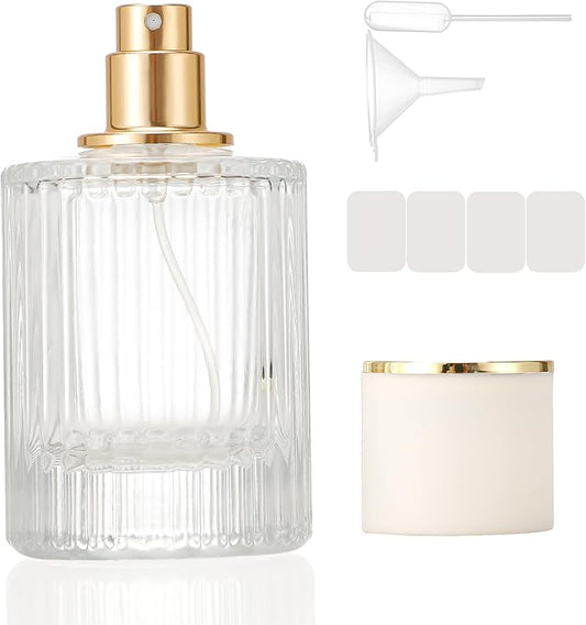 1 Pack Empty Perfume Spray Bottles, 50ML Ribbed Glass Atomizer Spray Bottle for Men and Women, Travel Refillable Perfume Atomizer for Sample Dispenser and Home Decor, White Cap