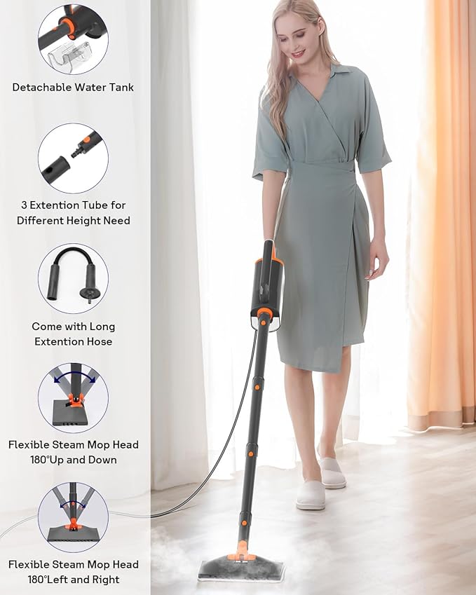 Steam Mop Cleaner with Detachable Handheld Steamer, 14 in 1 Multiple Accessories, Washable Microfiber Pads, 350ml and 2 Adjustable Levels for Home Floor, Tiles, Carpet and Grout Cleaning