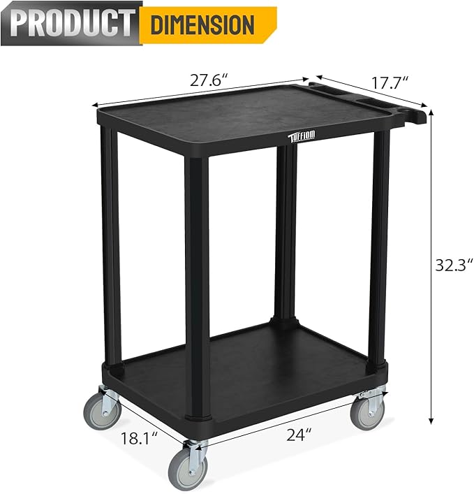TUFFIOM 3-Tier Plastic Service Utility Cart, Rolling Flat Cart with Wheels, Large Capacity, Multi-function Handle Storage and Mute Flexible Wheels with Braker, Great for Office Warehouse Garage, Black