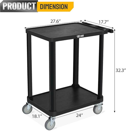 TUFFIOM 3-Tier Plastic Service Utility Cart, Rolling Flat Cart with Wheels, Large Capacity, Multi-function Handle Storage and Mute Flexible Wheels with Braker, Great for Office Warehouse Garage, Black