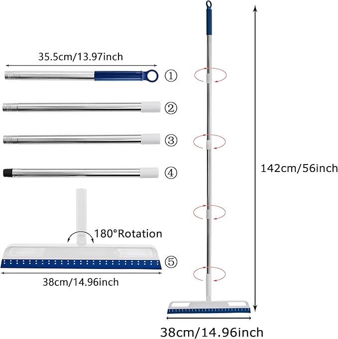 Multifunction Rubber Air Broom, Silicone Broom with 56" Long Handle, 4 in 1 Rubber Squeegee Sweeper for Floor Bathroom Kitchen Shower Tile Pet Hair Fur Marble Glass Water Window Foam Cleaning (Blue)