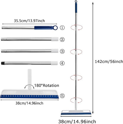 Multifunction Rubber Air Broom, Silicone Broom with 56" Long Handle, 4 in 1 Rubber Squeegee Sweeper for Floor Bathroom Kitchen Shower Tile Pet Hair Fur Marble Glass Water Window Foam Cleaning (Blue)