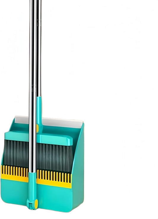 2-in-1 Broom with Dustpan Combo Set,Long Handle Broom Dustpan Combo with Dustpan Teeth to Automatically Clean Hair for Home, Indoor or Outdoor Cleaning Hall Floor (Green)