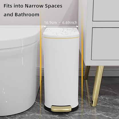KSSKSS 2.6 Gallon Slim Bathroom Trash Can with Soft Close Lid, 10L Stainless Steel Garbage Can with Removable Liner Bucket, for Narrow Spaces, Bathroom, Bedroom (White)
