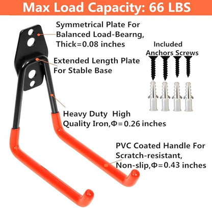Storage Double Hooks Garage Space Saver Organizer Utility Hanger,Rack Extended Wall Mount Tool Heavy Duty Steel Holder with Anti-Slip Coating (4 Pack Orange 5.1" Medium Hook)