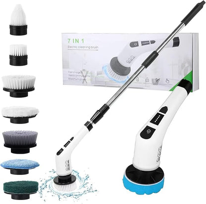Electric Spin Scrubber with 7 Replaceable Brush Head，Shower Scrubber with Long Handle,7 in 1 Cordless Cleaning Brush，Power Shower Scrubber for Bathroom, Tub, Tile, Floor, Kitchen, Window,Black