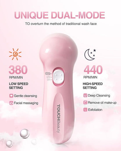 Electric Facial Cleansing Brush for Women, 3-in-1 Face Cleanser and Exfoliator Brush with 3 Brush Heads, 2 Speeds, Waterproof Spin Brush, Travel Size Case, Perfect for Valentine's Day (Pink)