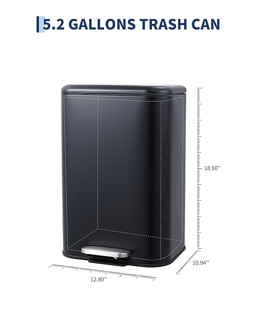 OUTLANE Bathroom Trash Can with Lid Soft Close, Step Pedal, 20 Liter / 5.2 Gallon Kitchen Trash Can,Stainless Steel Trash Bin for Bedroom, Office, Kitchen, Black