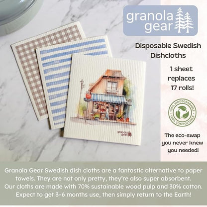 Swedish Dishcloths for Kitchen 6-Pack, Made in Sweden, Reusable Paper Towels, Washable Sponge Dish Wash Cloths, Cellulose Cotton, Watercolor Art-Coffee Shop