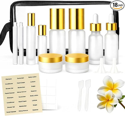 18Pack Glass Travel Bottles for Toiletries, TSA Approved Glass Travel Containers 1.35/0.7/1 oz Golden Small Travel Bottles with Label, BPA Free Leak Proof with Pump Spray Bottles for Makeup, Skincare