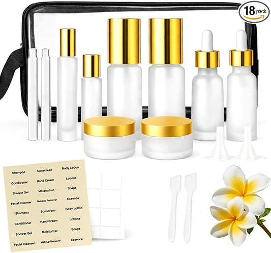 18Pack Glass Travel Bottles for Toiletries, TSA Approved Glass Travel Containers 1.35/0.7/1 oz Golden Small Travel Bottles with Label, BPA Free Leak Proof with Pump Spray Bottles for Makeup, Skincare